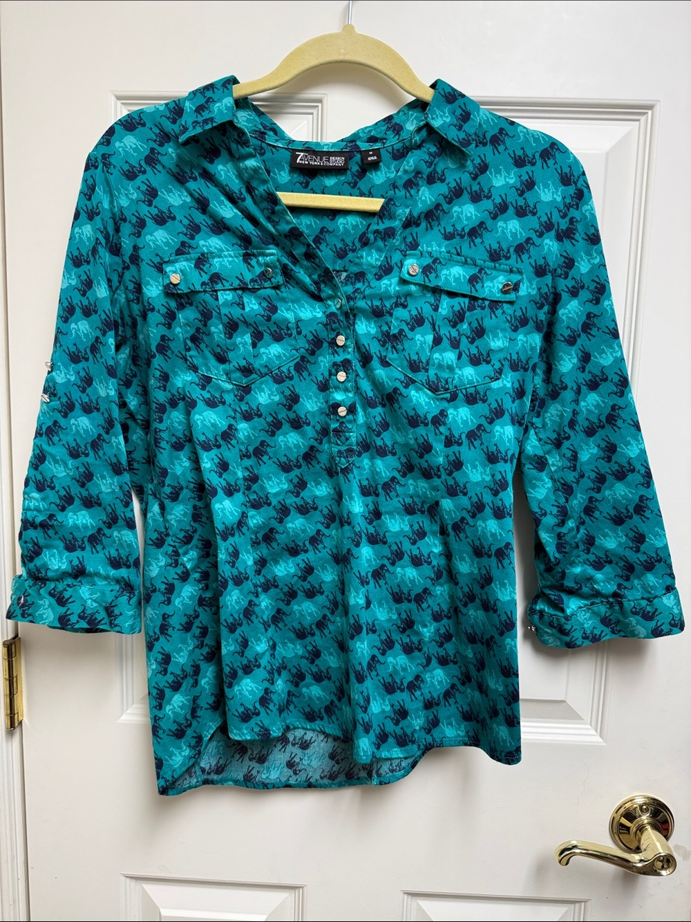 New York & Company Teal Elephants Women’s Blouse